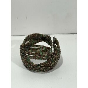 Vintage Boho Brown and Green Seed Beaded Open Weave Bangle  Wire Cuff Bracelet